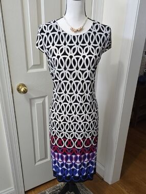 LIZ CLAIBORNE WOMENS BLACK  WHITE SYMMETRICAL SMALL CAP SLEEVES DRESS SIZE LARGE